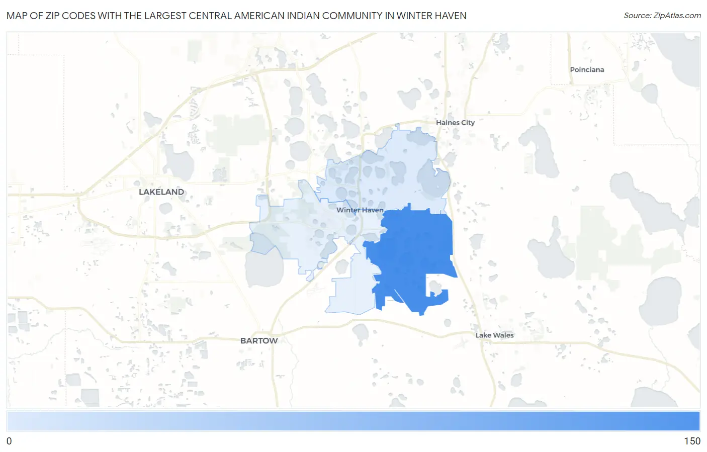 Zip Codes with the Largest Central American Indian Community in Winter Haven Map