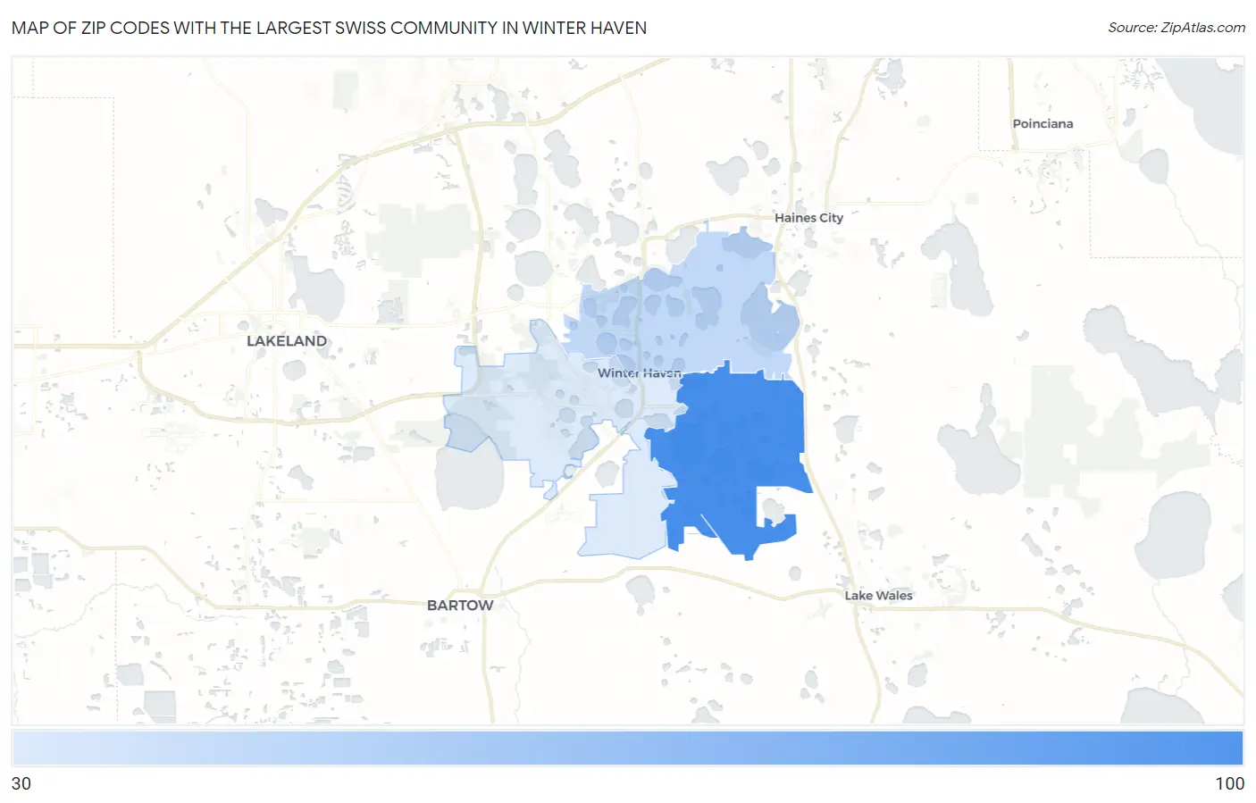 Zip Codes with the Largest Swiss Community in Winter Haven Map