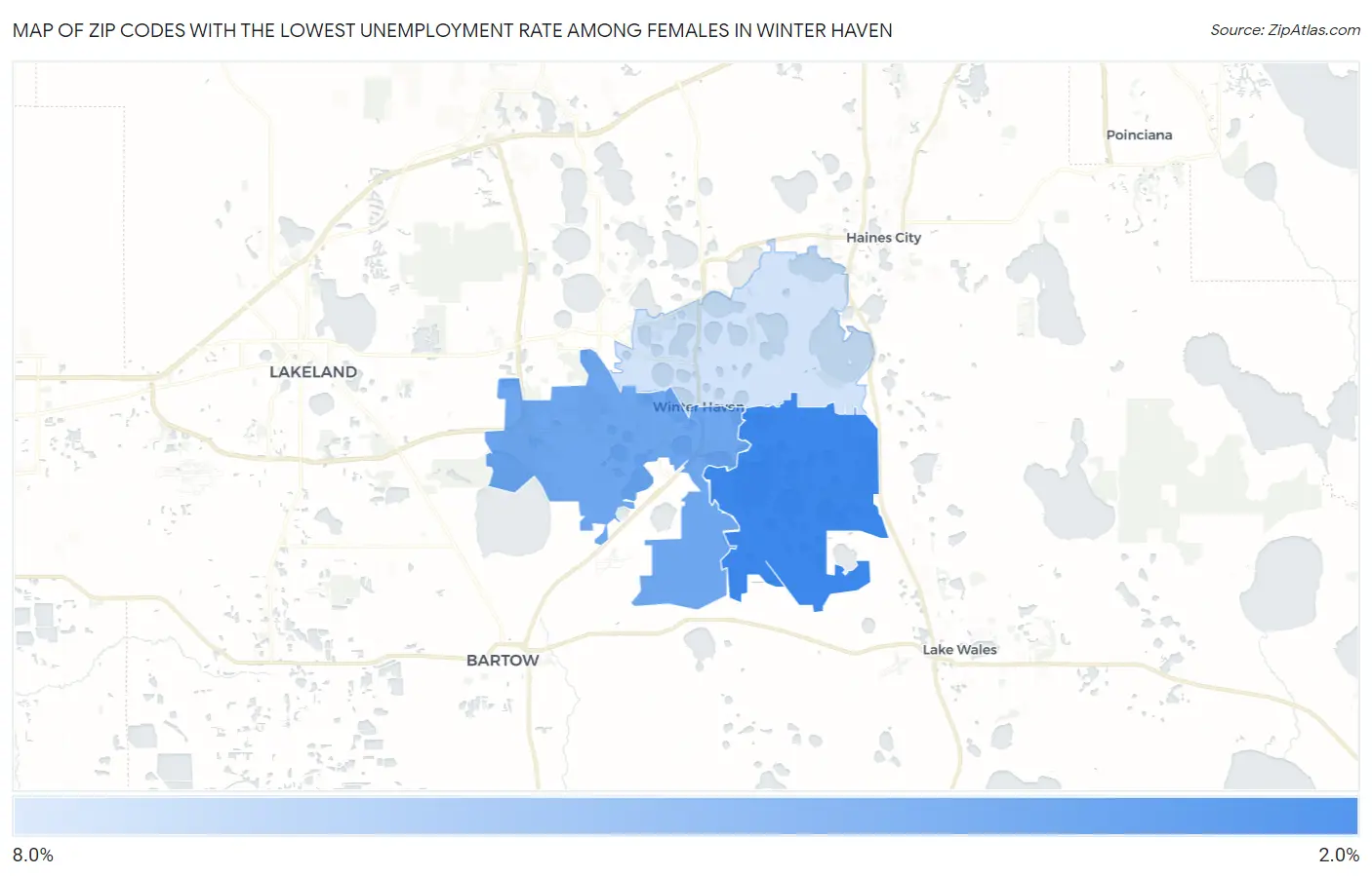 Zip Codes with the Lowest Unemployment Rate Among Females in Winter Haven Map
