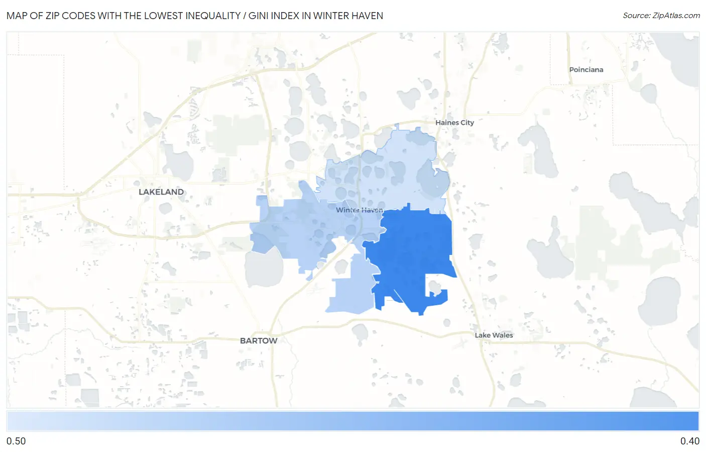 Zip Codes with the Lowest Inequality / Gini Index in Winter Haven Map