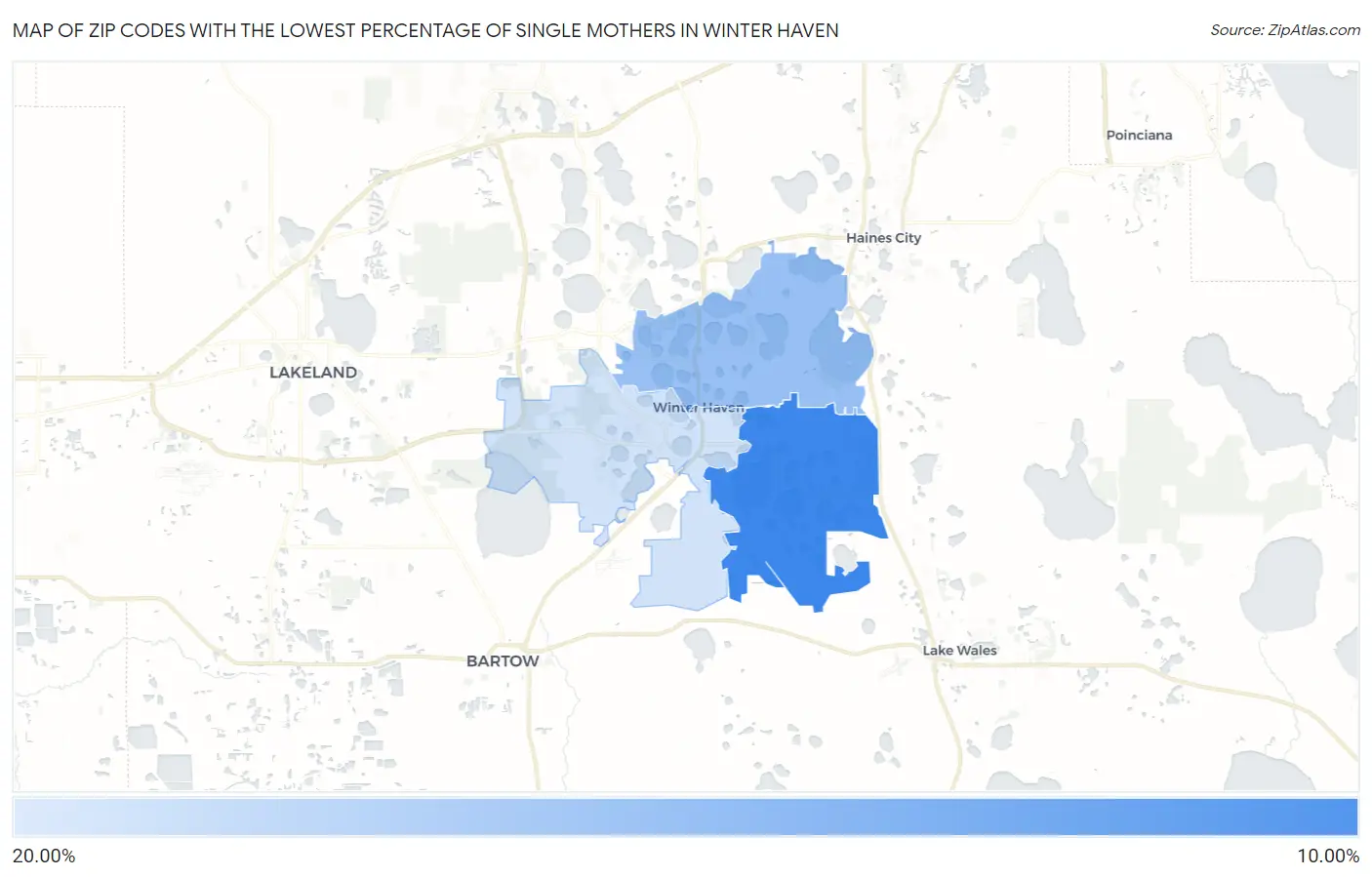 Zip Codes with the Lowest Percentage of Single Mothers in Winter Haven Map