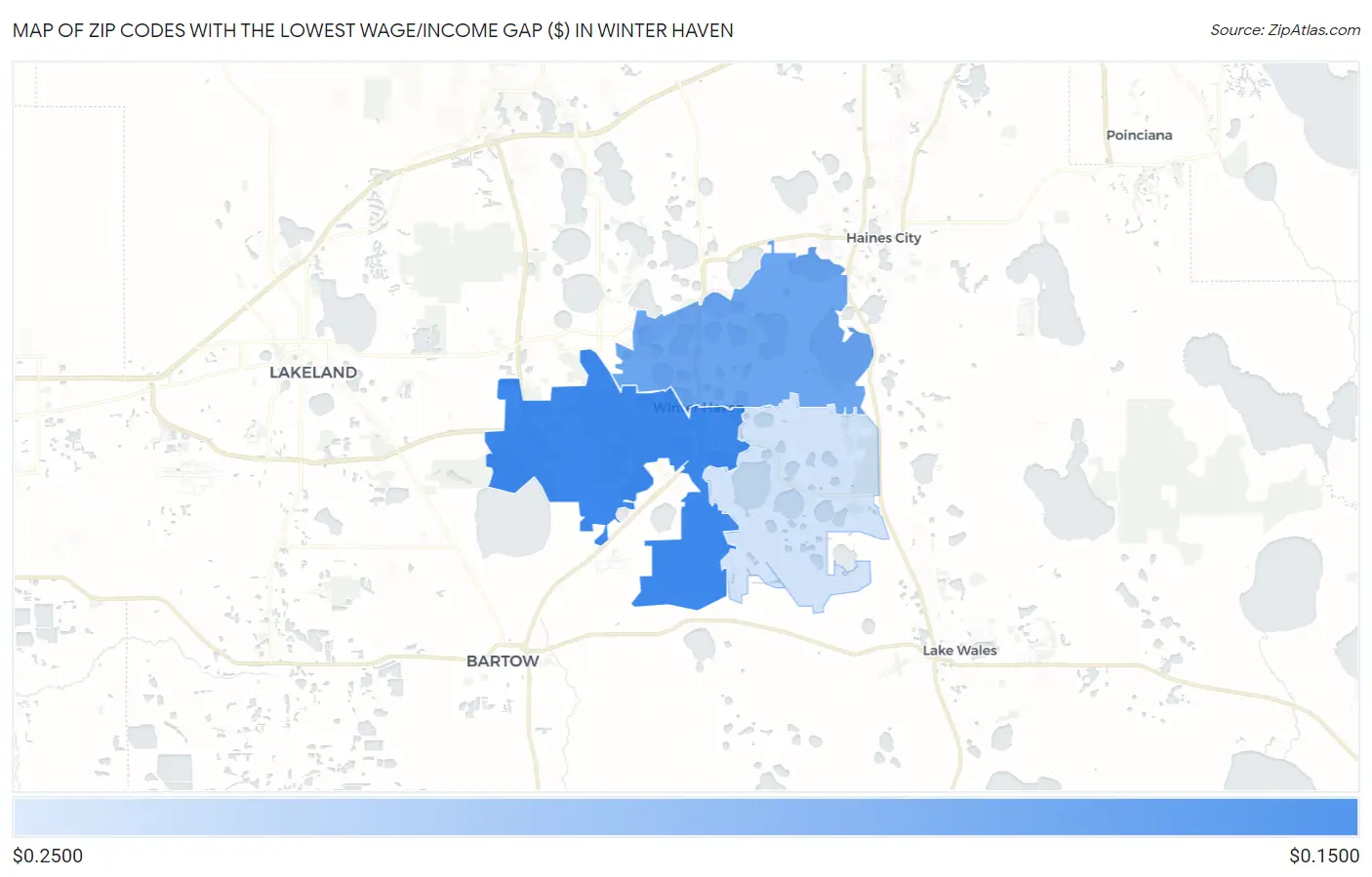 Zip Codes with the Lowest Wage/Income Gap ($) in Winter Haven Map