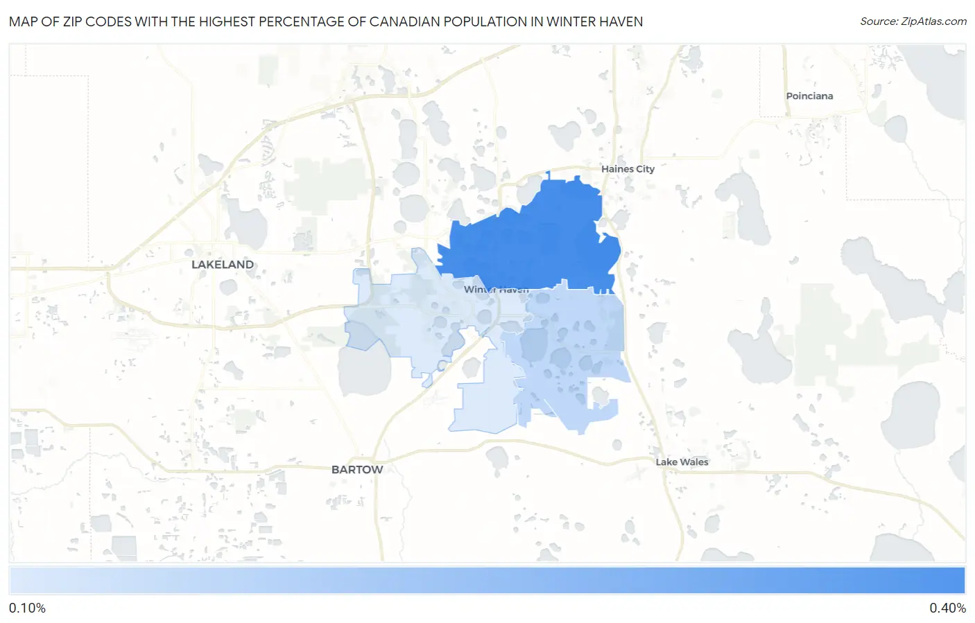Zip Codes with the Highest Percentage of Canadian Population in Winter Haven Map