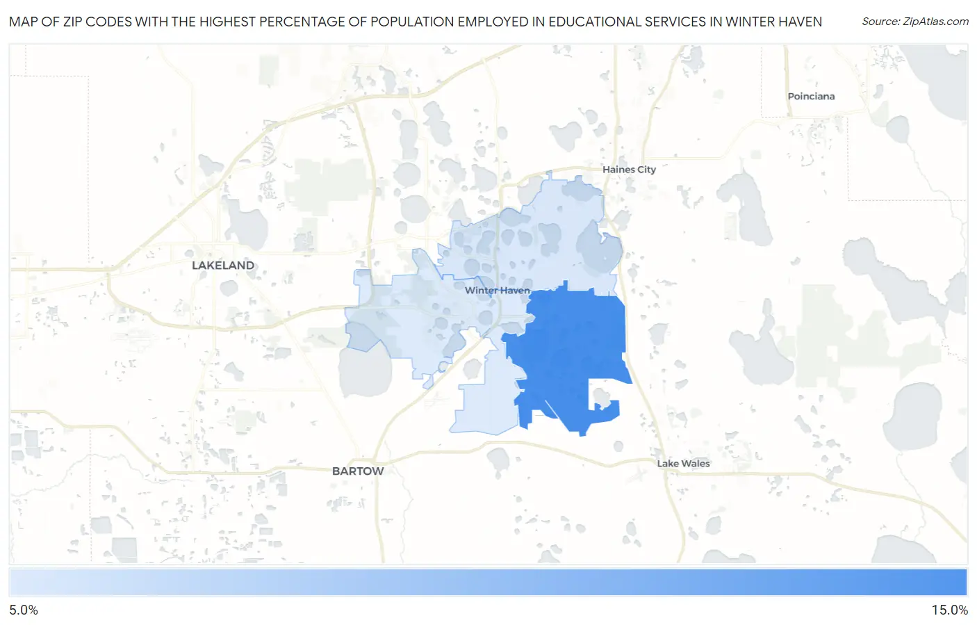 Zip Codes with the Highest Percentage of Population Employed in Educational Services in Winter Haven Map
