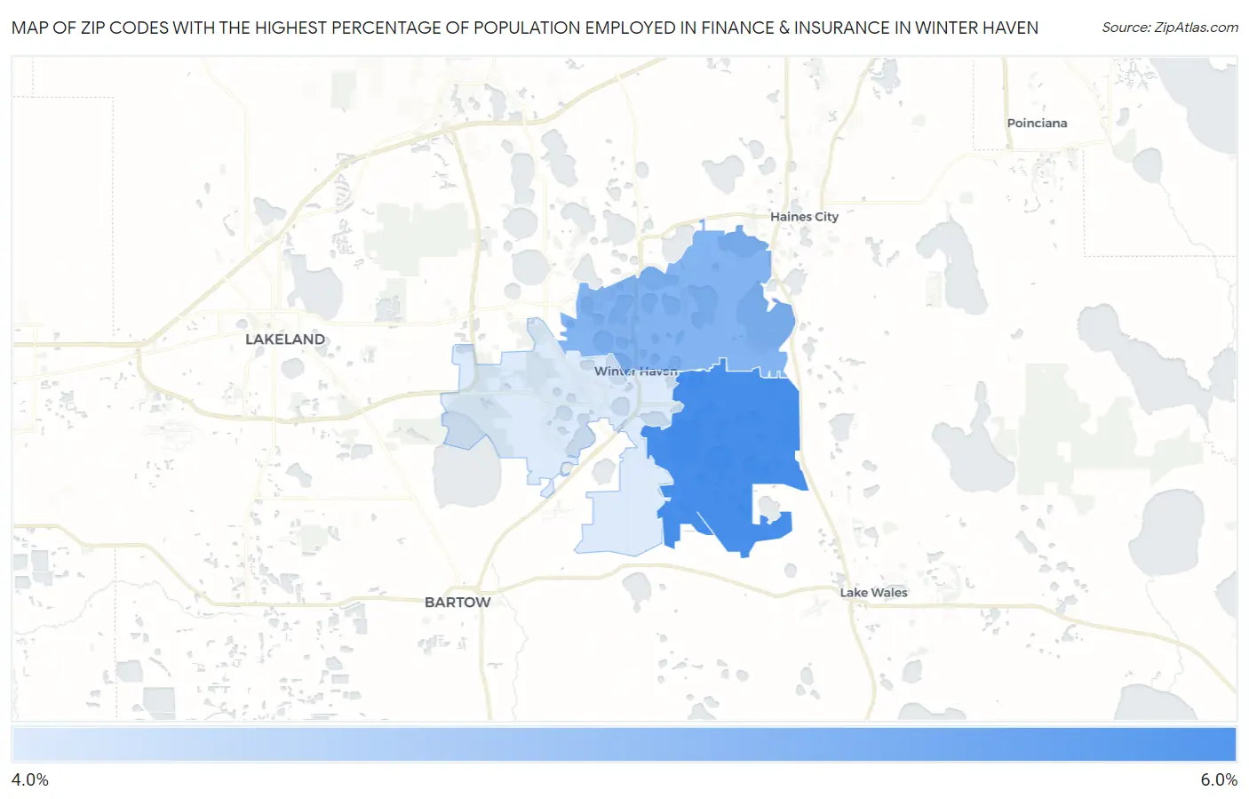 Zip Codes with the Highest Percentage of Population Employed in Finance & Insurance in Winter Haven Map