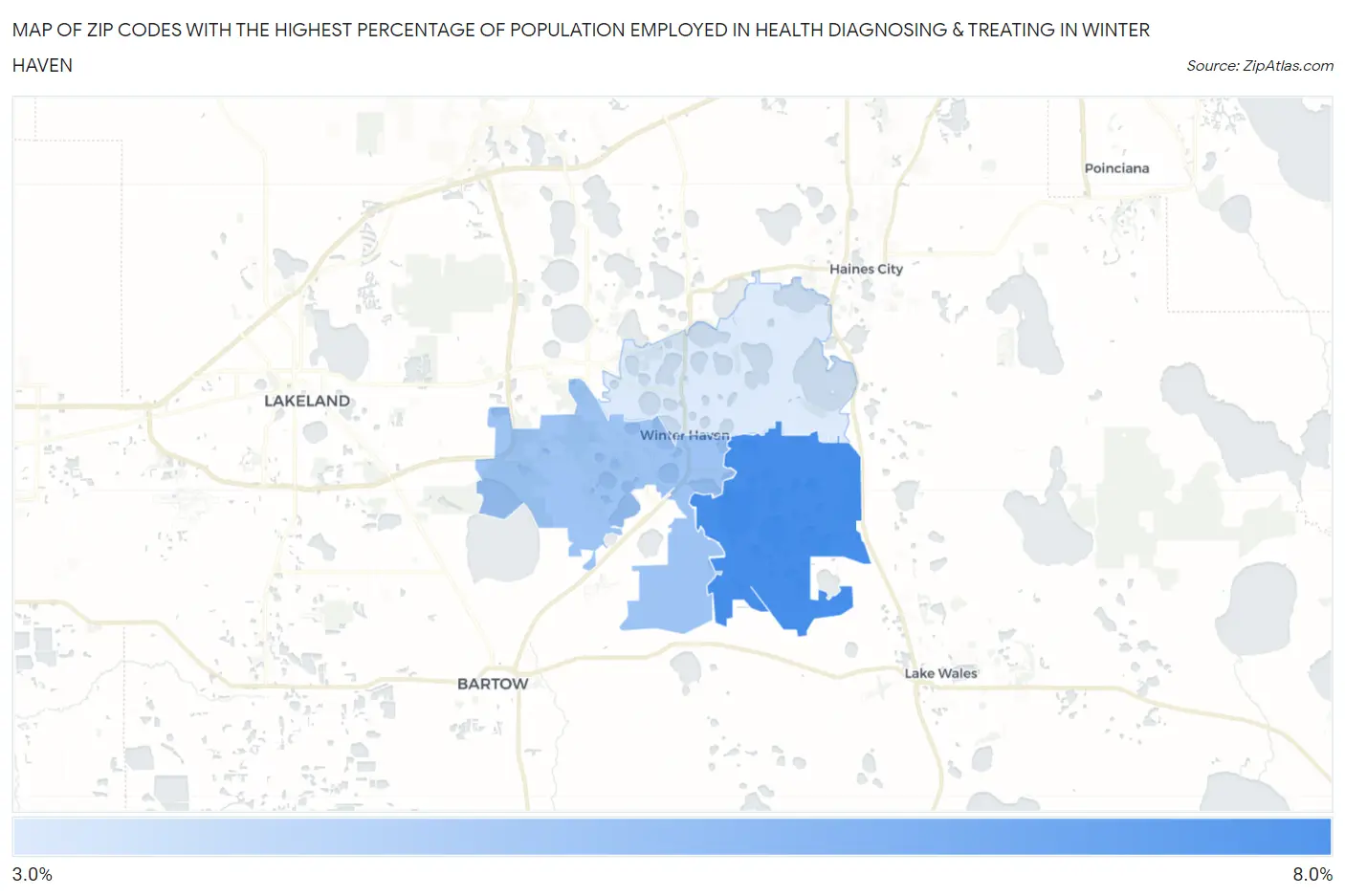 Zip Codes with the Highest Percentage of Population Employed in Health Diagnosing & Treating in Winter Haven Map