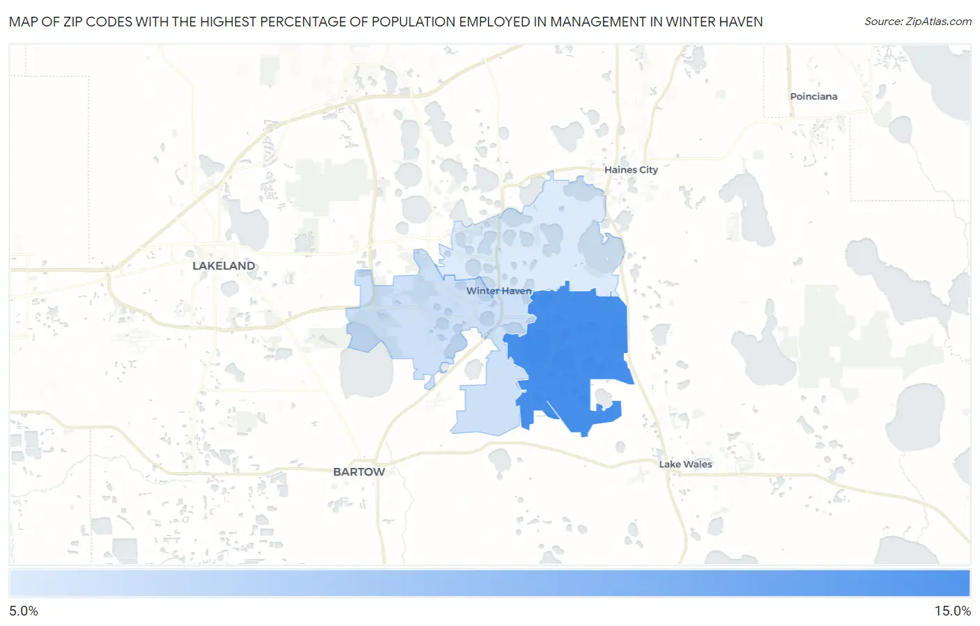 Zip Codes with the Highest Percentage of Population Employed in Management in Winter Haven Map