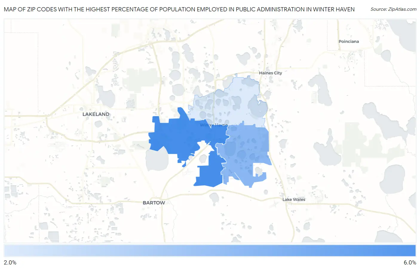 Zip Codes with the Highest Percentage of Population Employed in Public Administration in Winter Haven Map