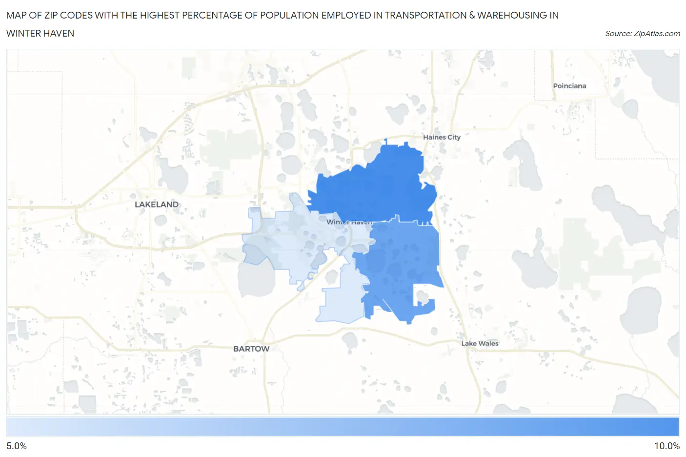 Zip Codes with the Highest Percentage of Population Employed in Transportation & Warehousing in Winter Haven Map