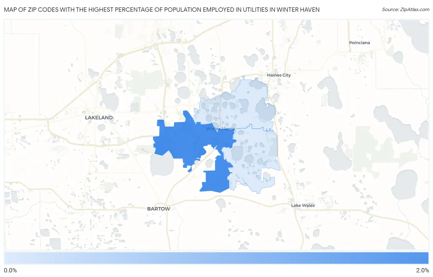 Zip Codes with the Highest Percentage of Population Employed in Utilities in Winter Haven Map