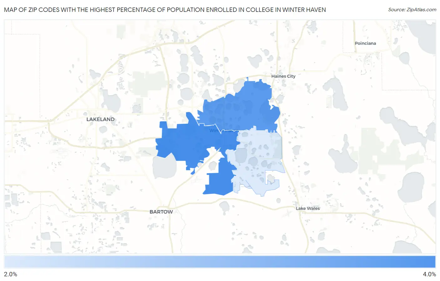Zip Codes with the Highest Percentage of Population Enrolled in College in Winter Haven Map