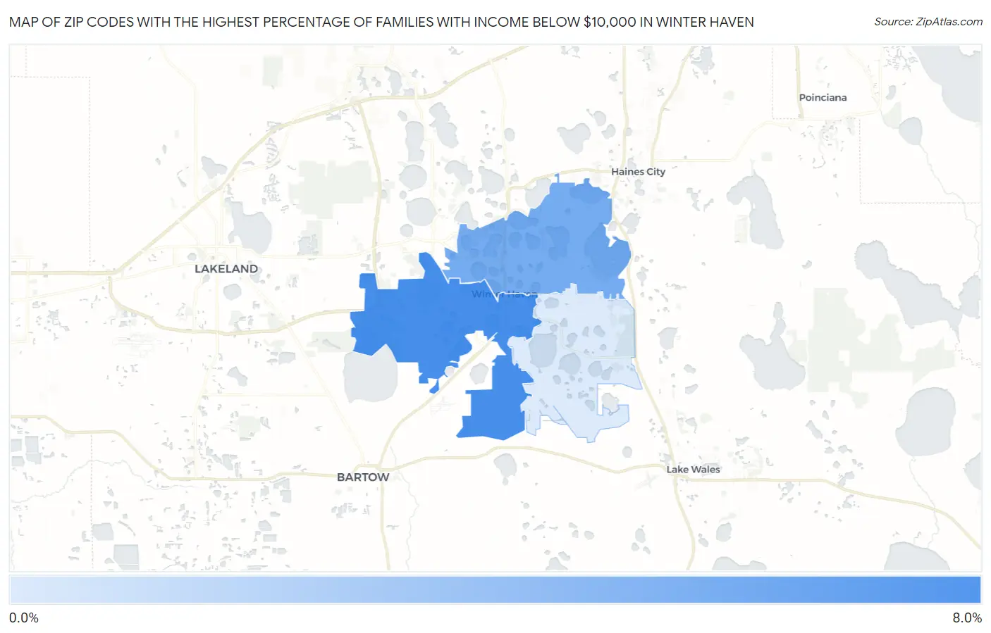 Zip Codes with the Highest Percentage of Families with Income Below $10,000 in Winter Haven Map