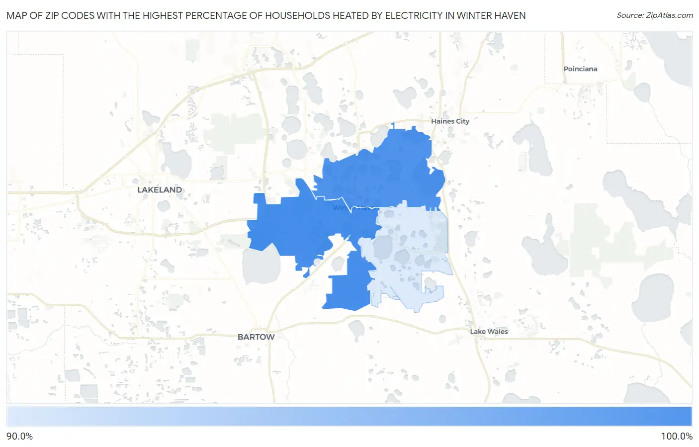 Zip Codes with the Highest Percentage of Households Heated by Electricity in Winter Haven Map