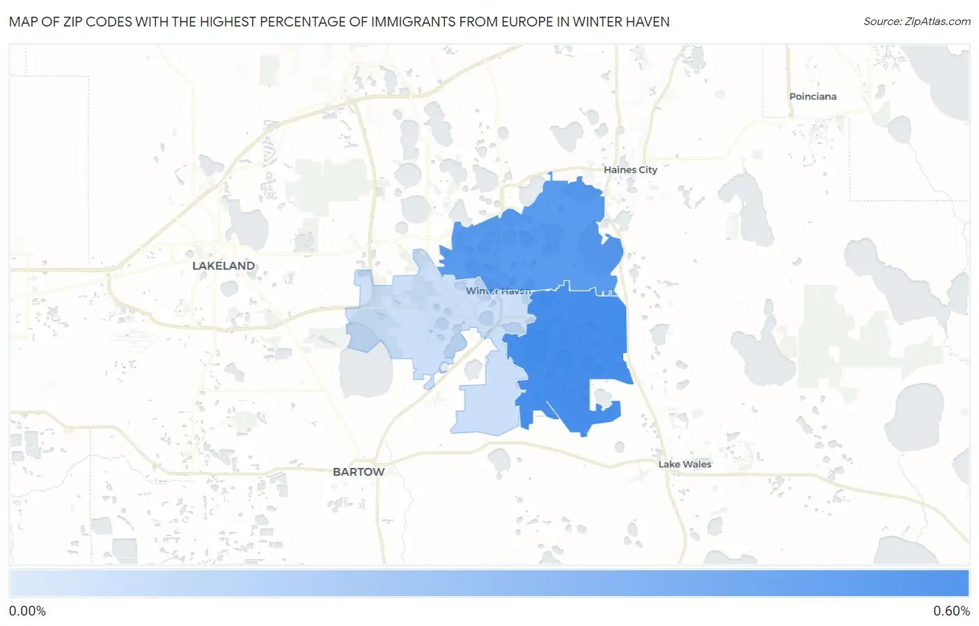 Zip Codes with the Highest Percentage of Immigrants from Europe in Winter Haven Map