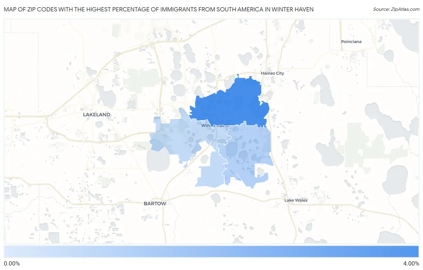Zip Codes with the Highest Percentage of Immigrants from South America in Winter Haven Map