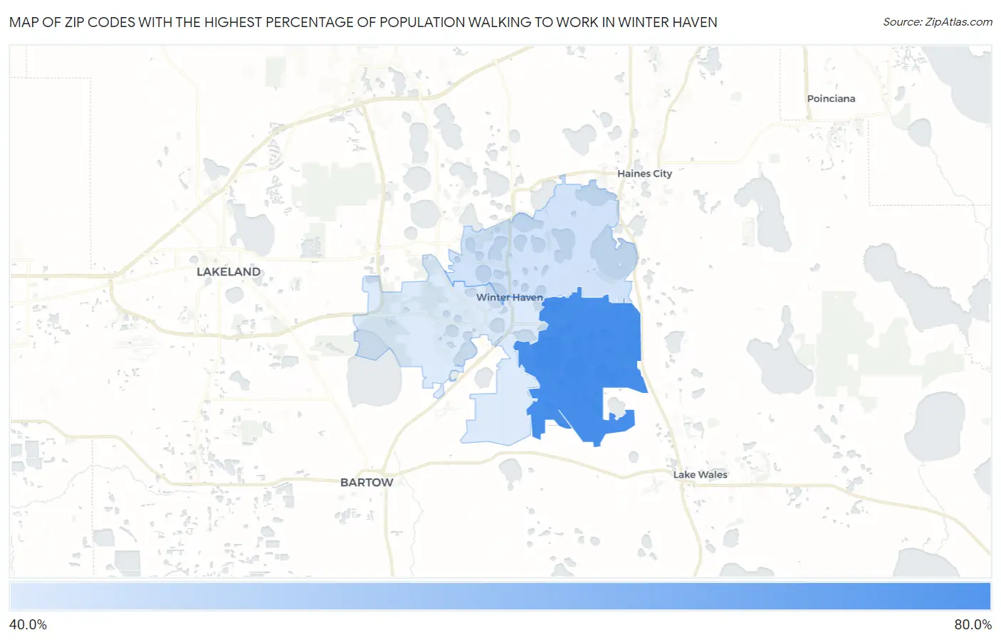 Zip Codes with the Highest Percentage of Population Walking to Work in Winter Haven Map