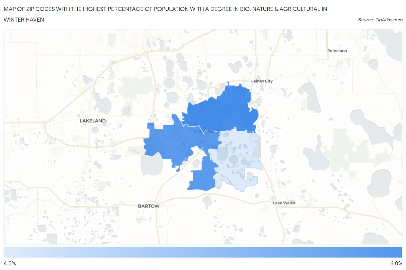 Zip Codes with the Highest Percentage of Population with a Degree in Bio, Nature & Agricultural in Winter Haven Map