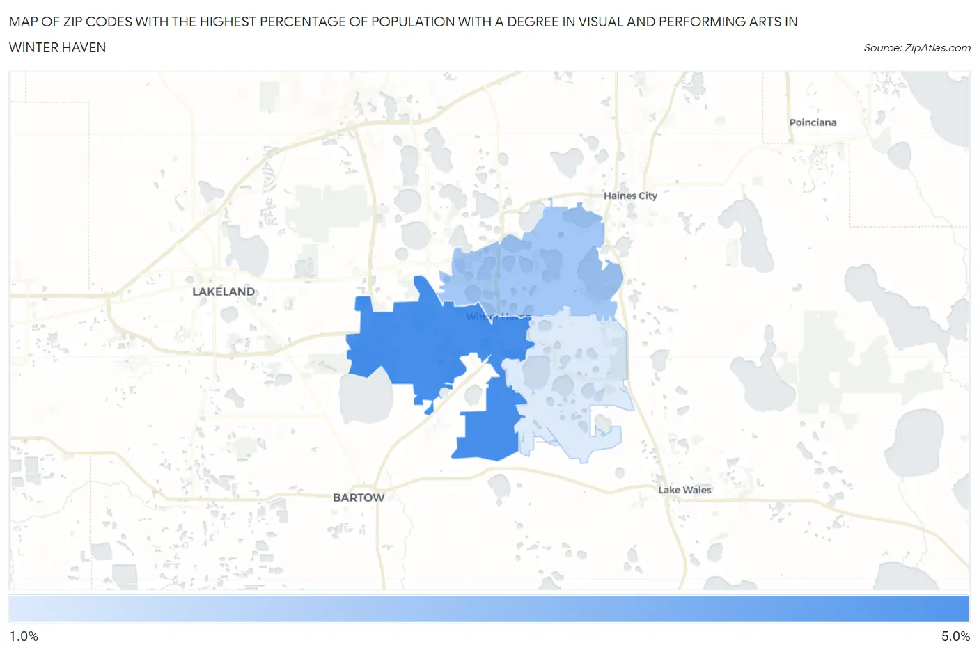 Zip Codes with the Highest Percentage of Population with a Degree in Visual and Performing Arts in Winter Haven Map
