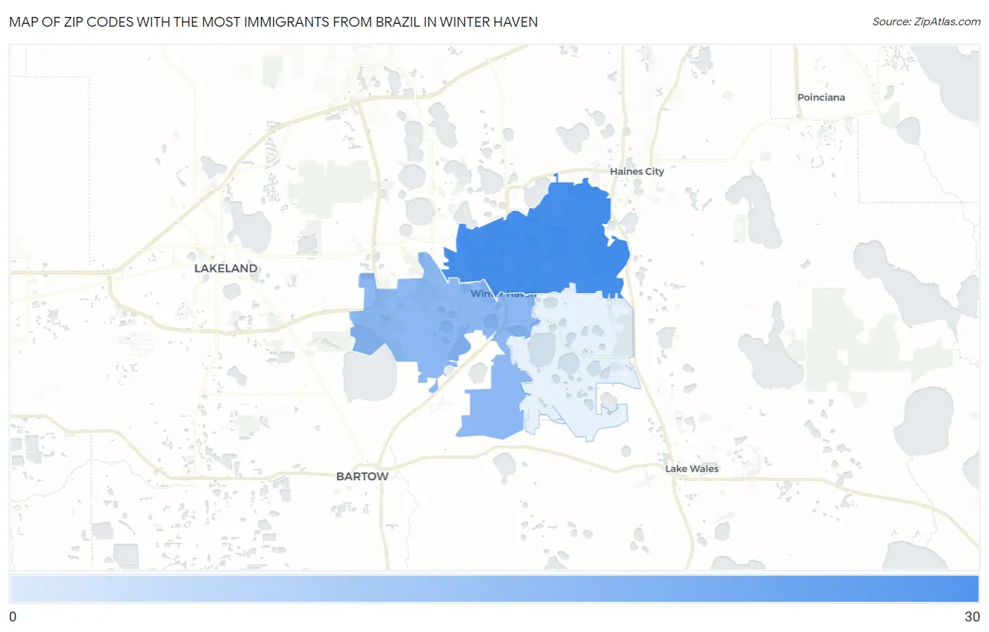 Zip Codes with the Most Immigrants from Brazil in Winter Haven Map