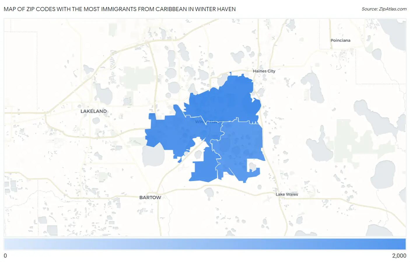 Zip Codes with the Most Immigrants from Caribbean in Winter Haven Map