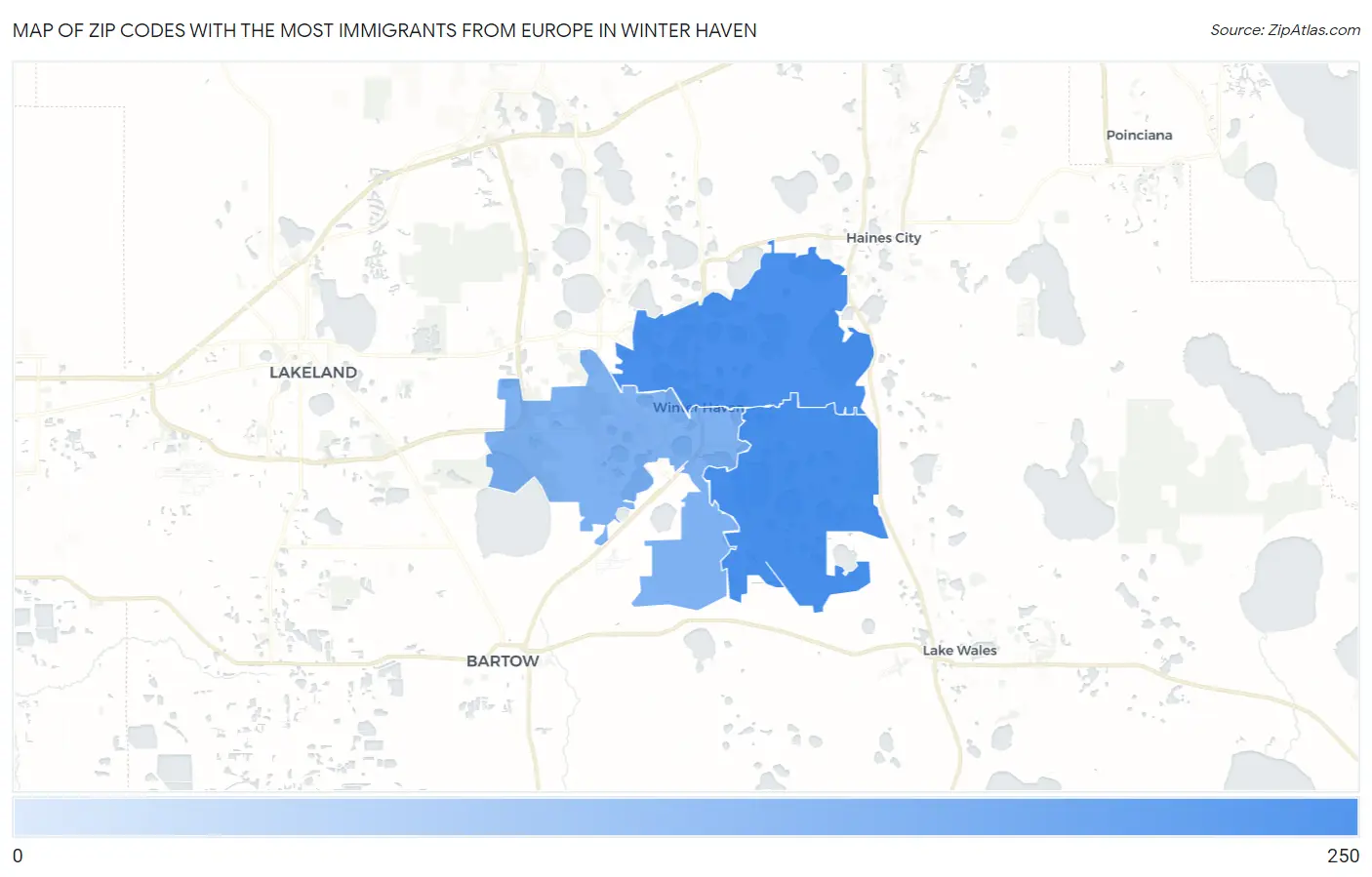 Zip Codes with the Most Immigrants from Europe in Winter Haven Map