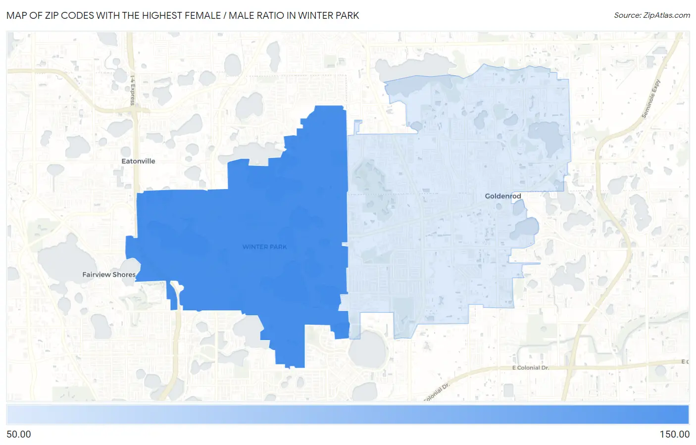 Zip Codes with the Highest Female / Male Ratio in Winter Park Map
