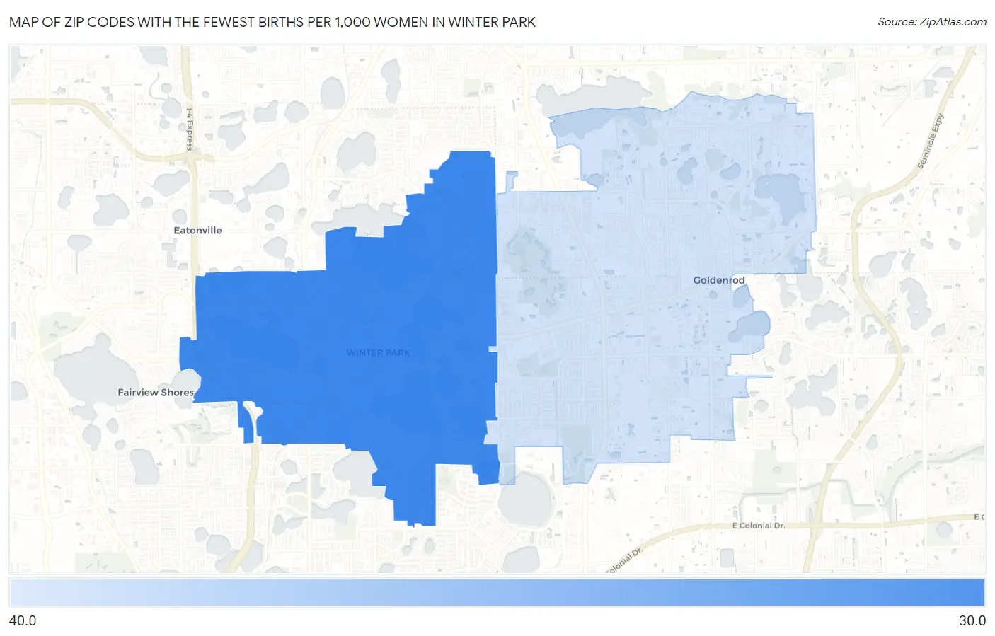 Zip Codes with the Fewest Births per 1,000 Women in Winter Park Map