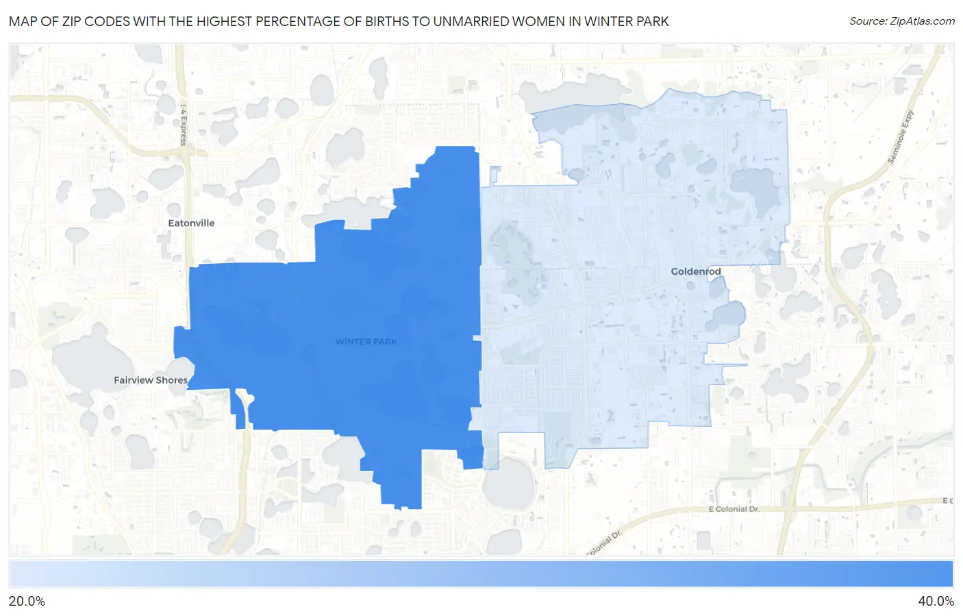 Zip Codes with the Highest Percentage of Births to Unmarried Women in Winter Park Map