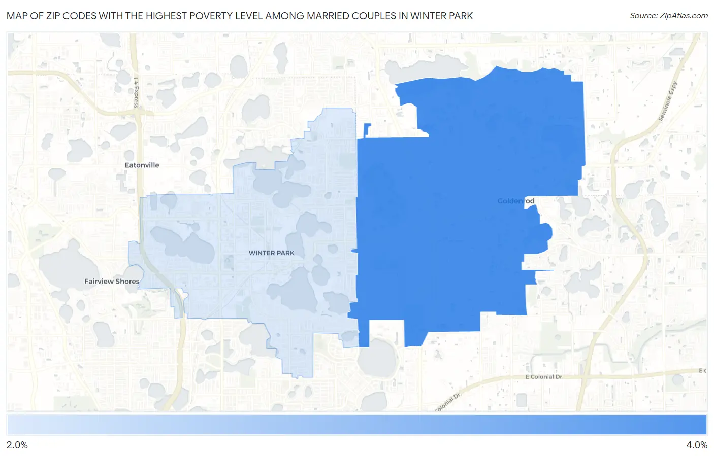 Zip Codes with the Highest Poverty Level Among Married Couples in Winter Park Map