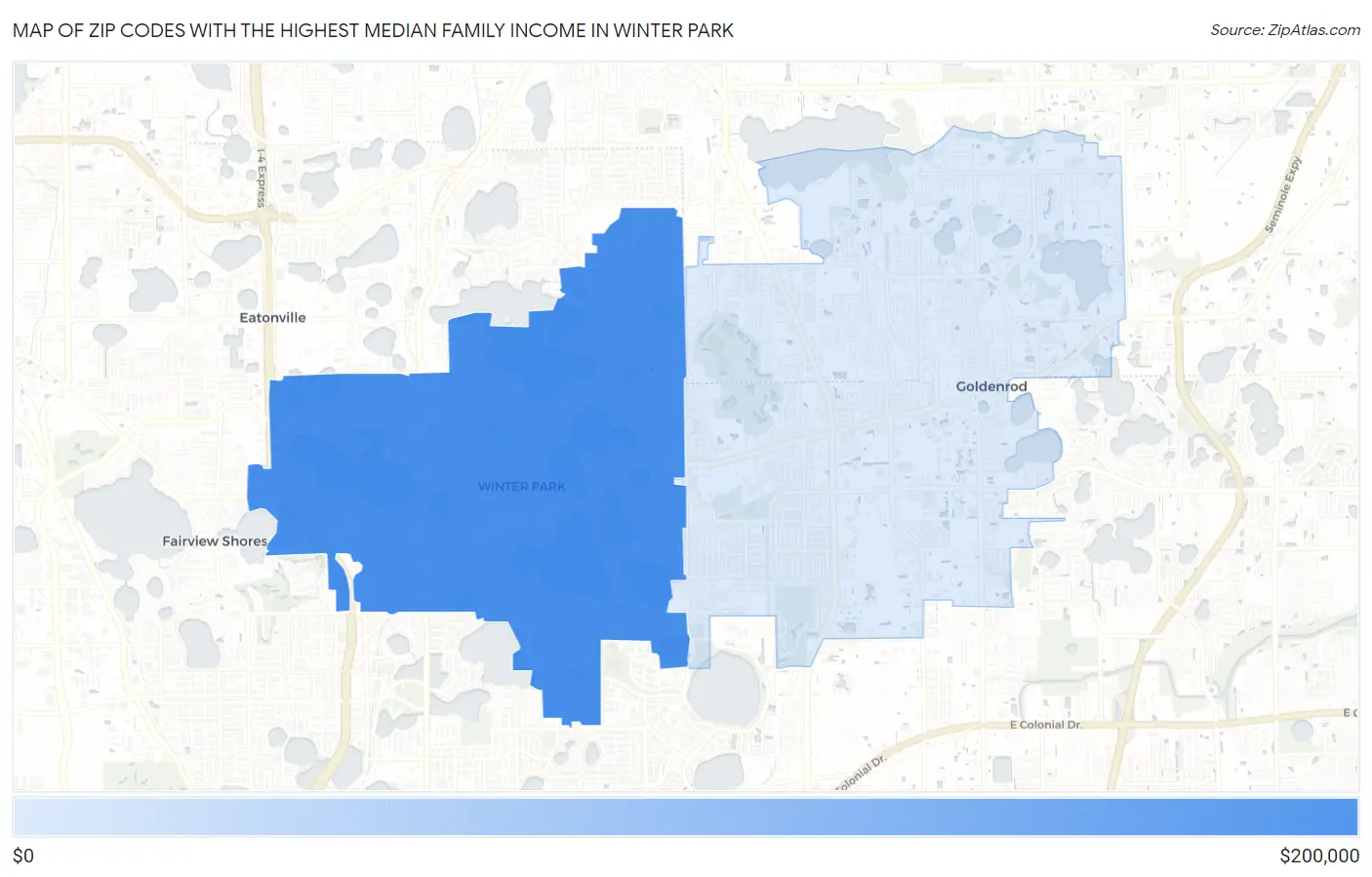 Zip Codes with the Highest Median Family Income in Winter Park Map