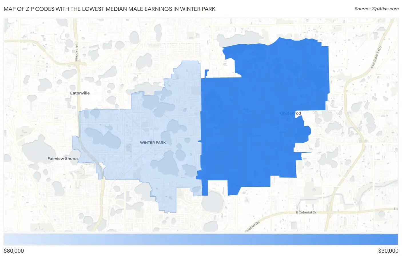 Zip Codes with the Lowest Median Male Earnings in Winter Park Map