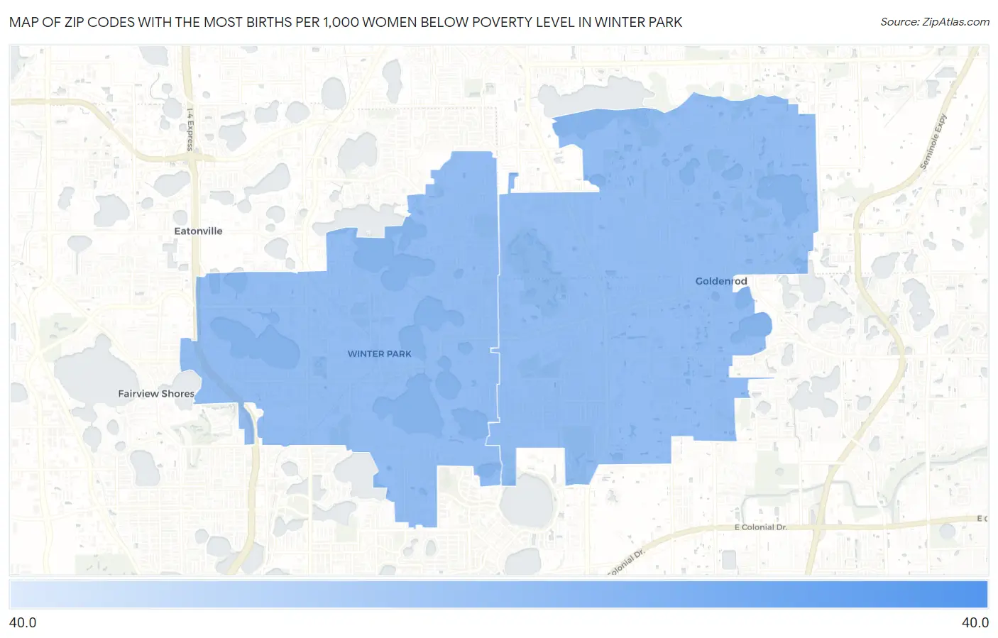 Zip Codes with the Most Births per 1,000 Women Below Poverty Level in Winter Park Map