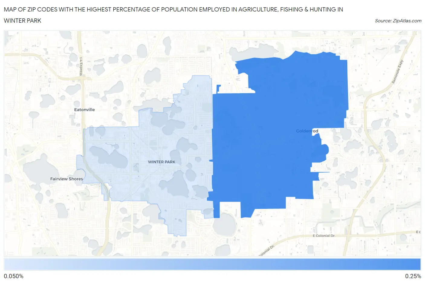 Zip Codes with the Highest Percentage of Population Employed in Agriculture, Fishing & Hunting in Winter Park Map