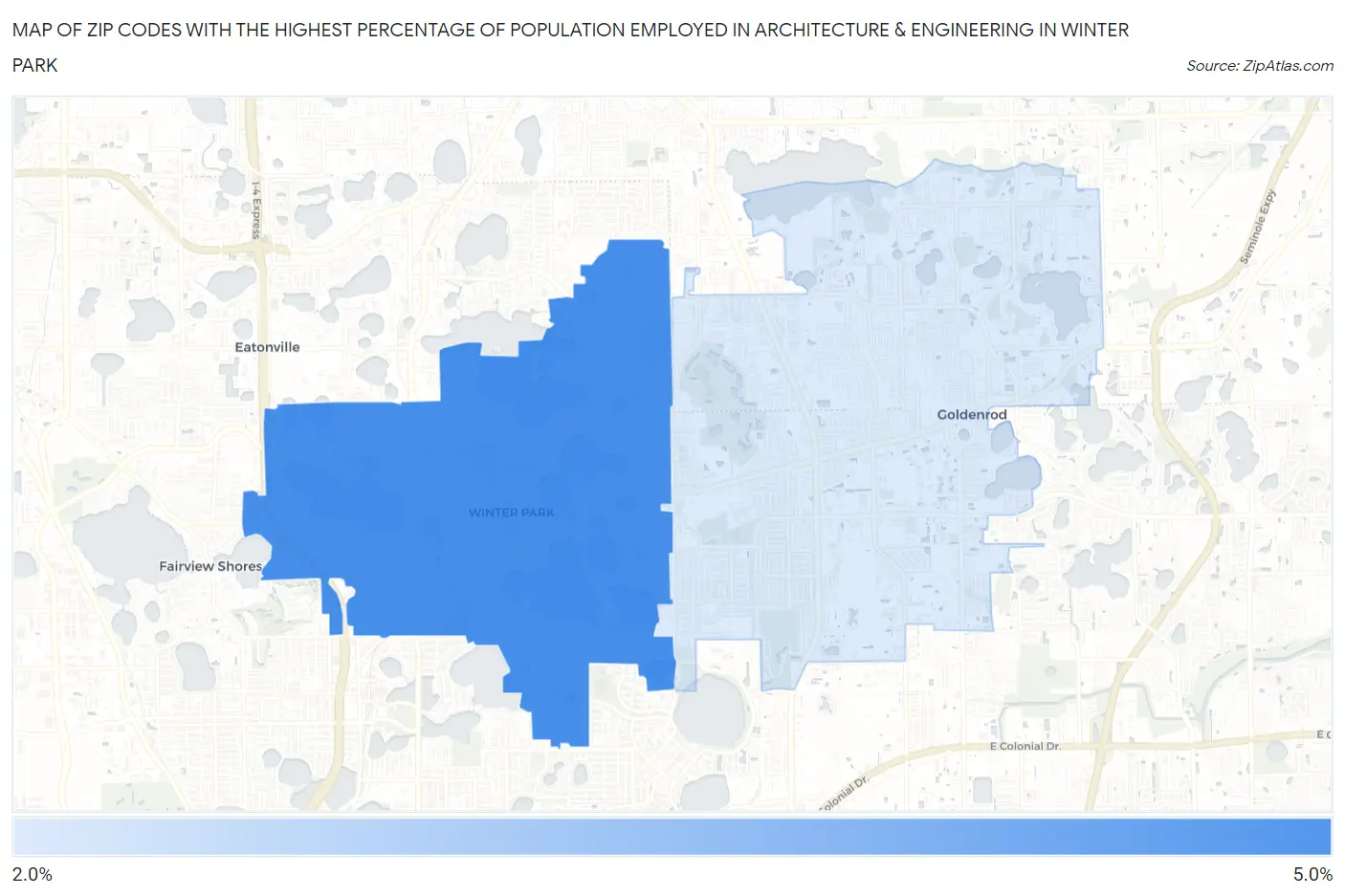 Zip Codes with the Highest Percentage of Population Employed in Architecture & Engineering in Winter Park Map