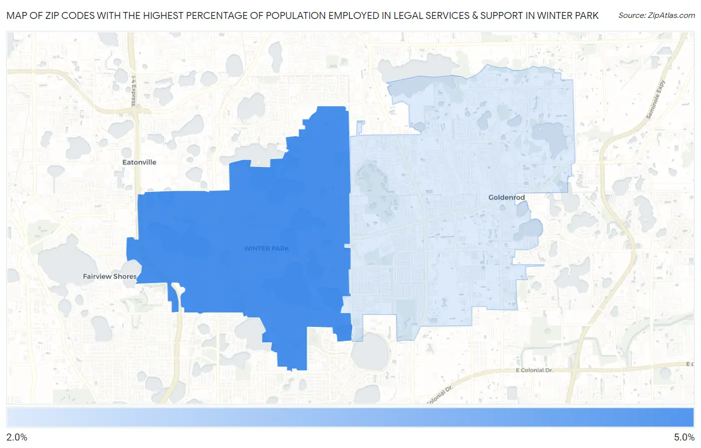 Zip Codes with the Highest Percentage of Population Employed in Legal Services & Support in Winter Park Map