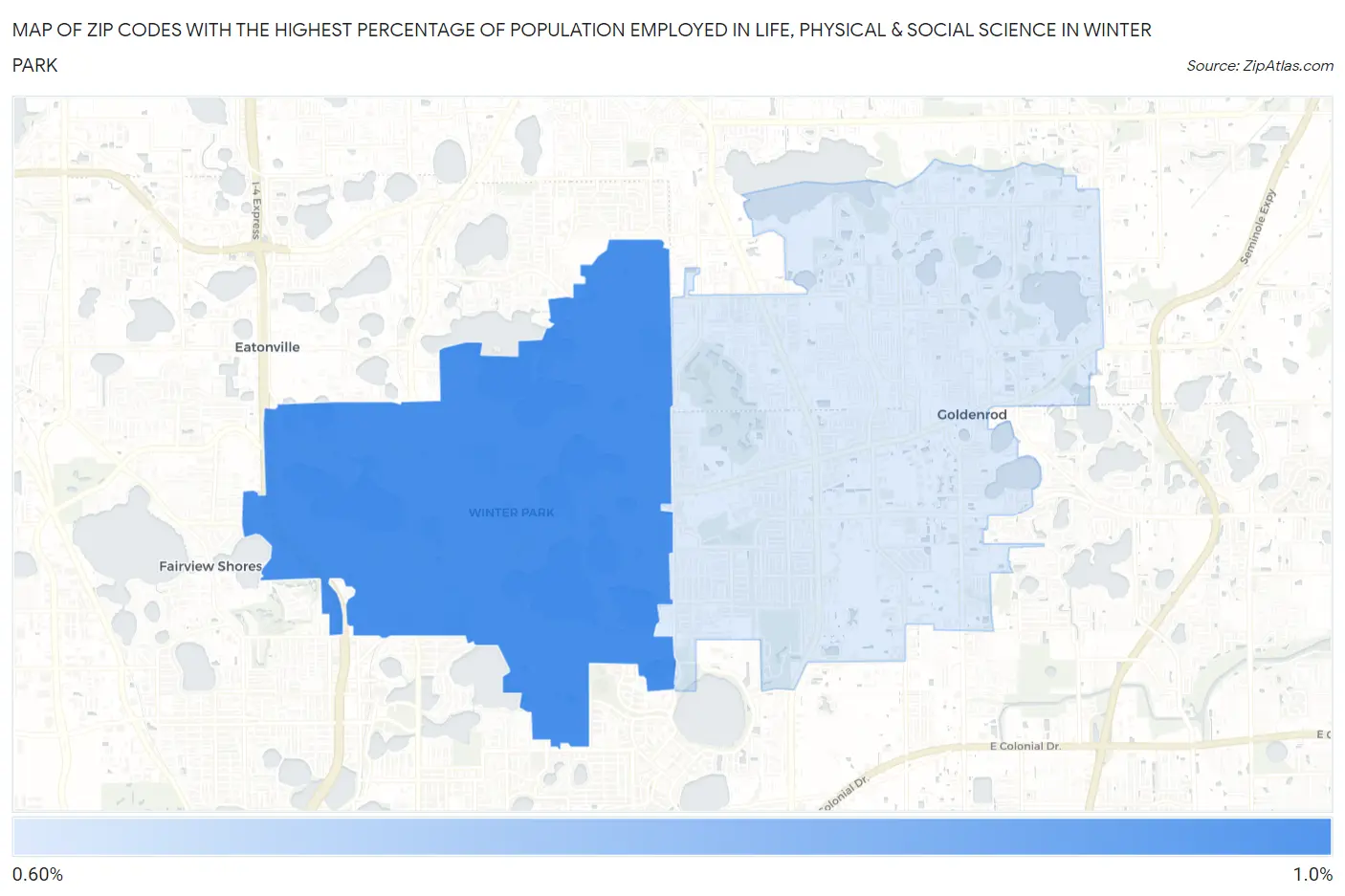 Zip Codes with the Highest Percentage of Population Employed in Life, Physical & Social Science in Winter Park Map
