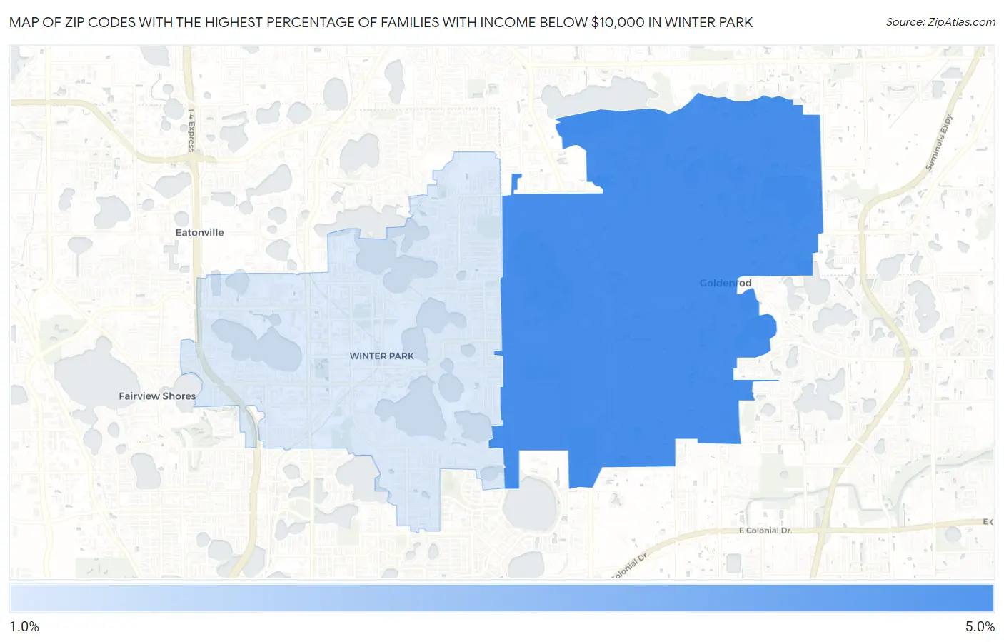 Zip Codes with the Highest Percentage of Families with Income Below $10,000 in Winter Park Map