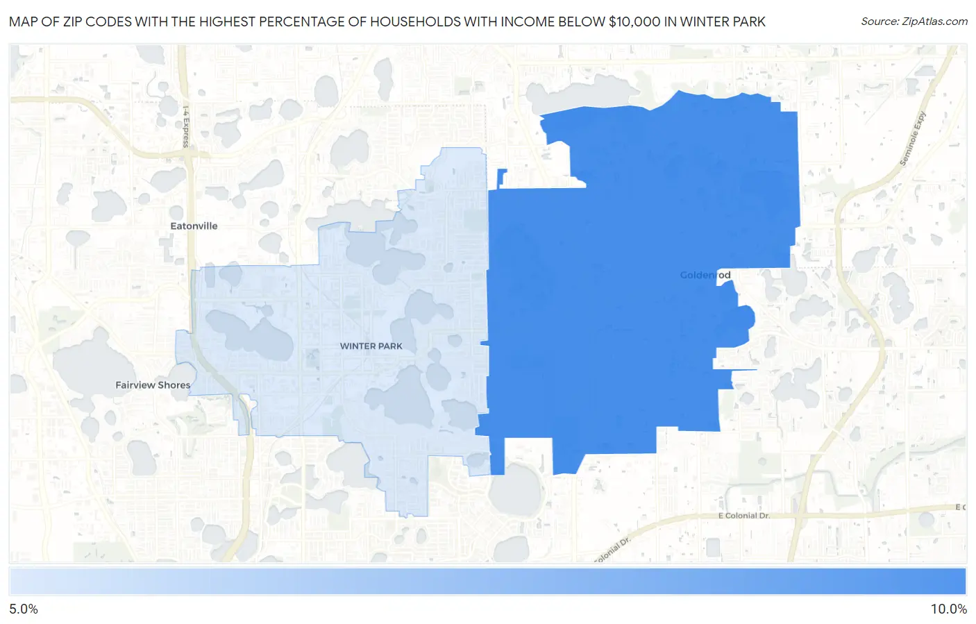 Zip Codes with the Highest Percentage of Households with Income Below $10,000 in Winter Park Map