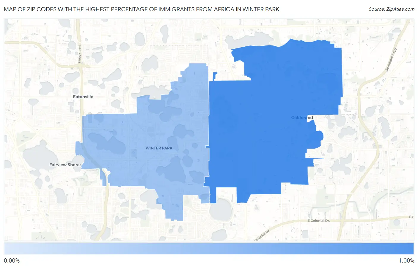 Zip Codes with the Highest Percentage of Immigrants from Africa in Winter Park Map