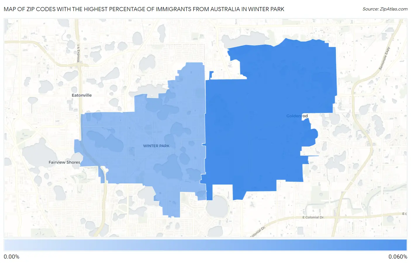 Zip Codes with the Highest Percentage of Immigrants from Australia in Winter Park Map