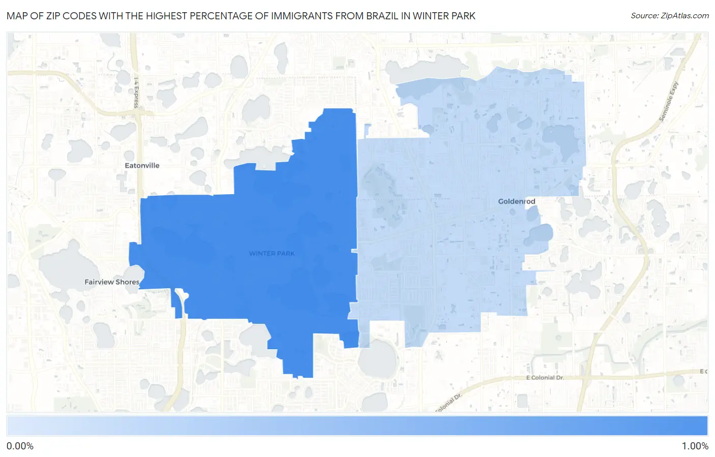 Zip Codes with the Highest Percentage of Immigrants from Brazil in Winter Park Map