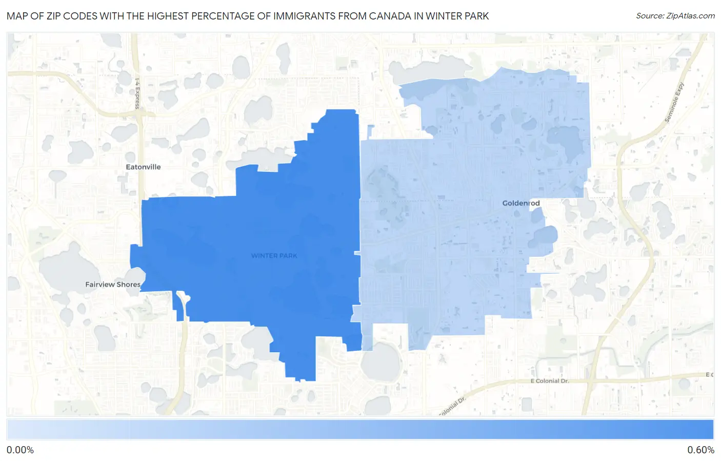 Zip Codes with the Highest Percentage of Immigrants from Canada in Winter Park Map