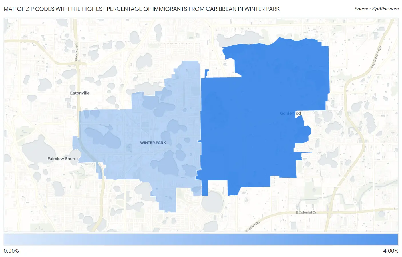 Zip Codes with the Highest Percentage of Immigrants from Caribbean in Winter Park Map