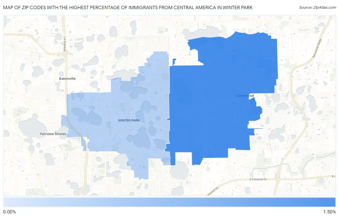 Zip Codes with the Highest Percentage of Immigrants from Central America in Winter Park Map