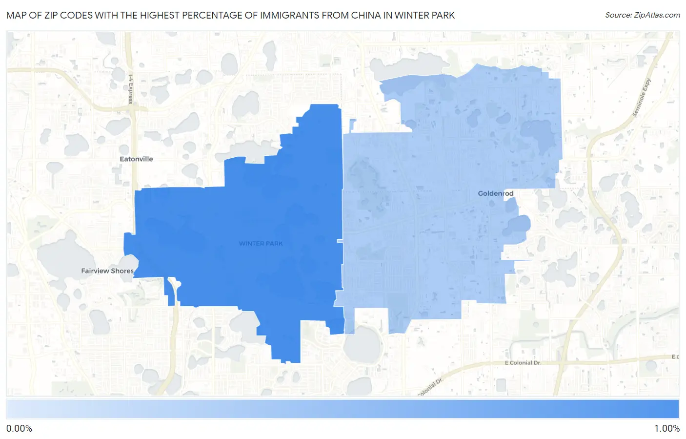 Zip Codes with the Highest Percentage of Immigrants from China in Winter Park Map