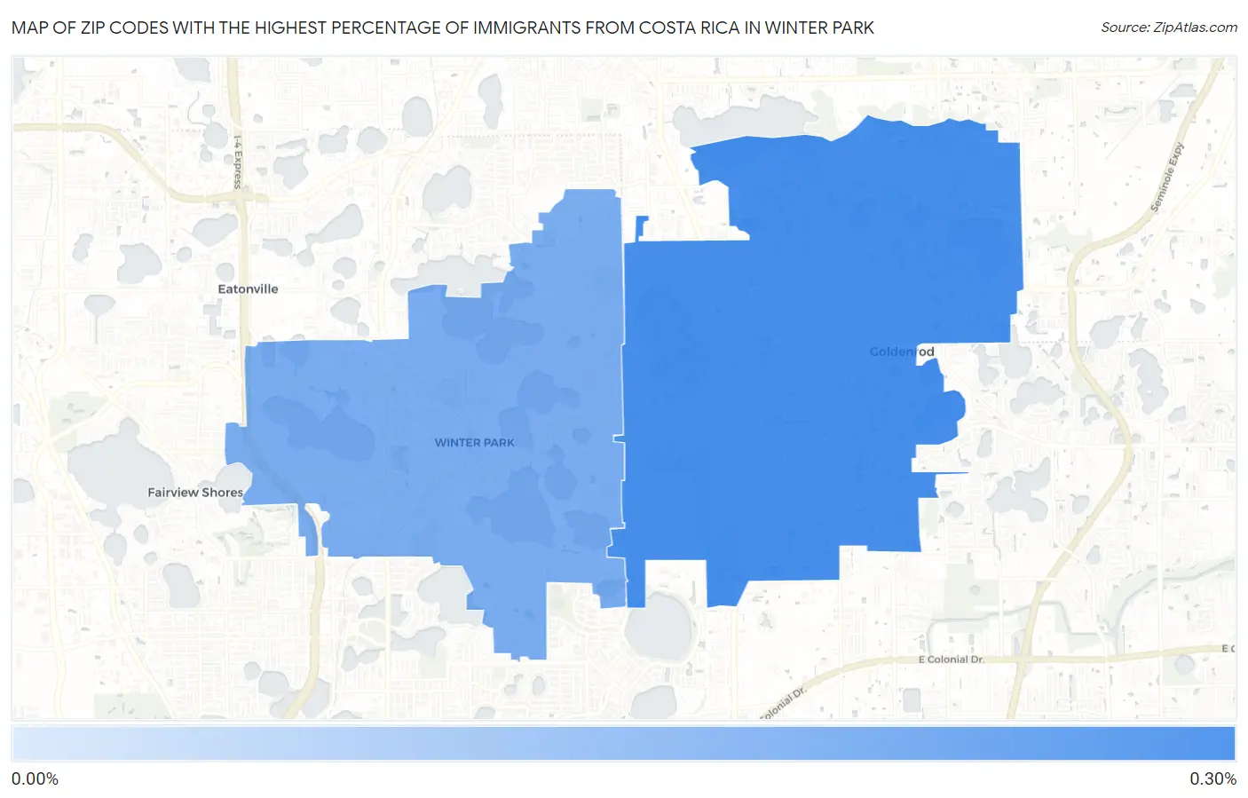 Zip Codes with the Highest Percentage of Immigrants from Costa Rica in Winter Park Map