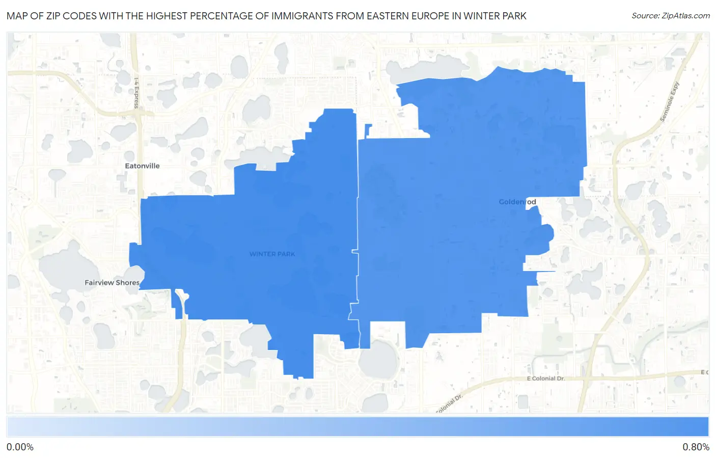 Zip Codes with the Highest Percentage of Immigrants from Eastern Europe in Winter Park Map