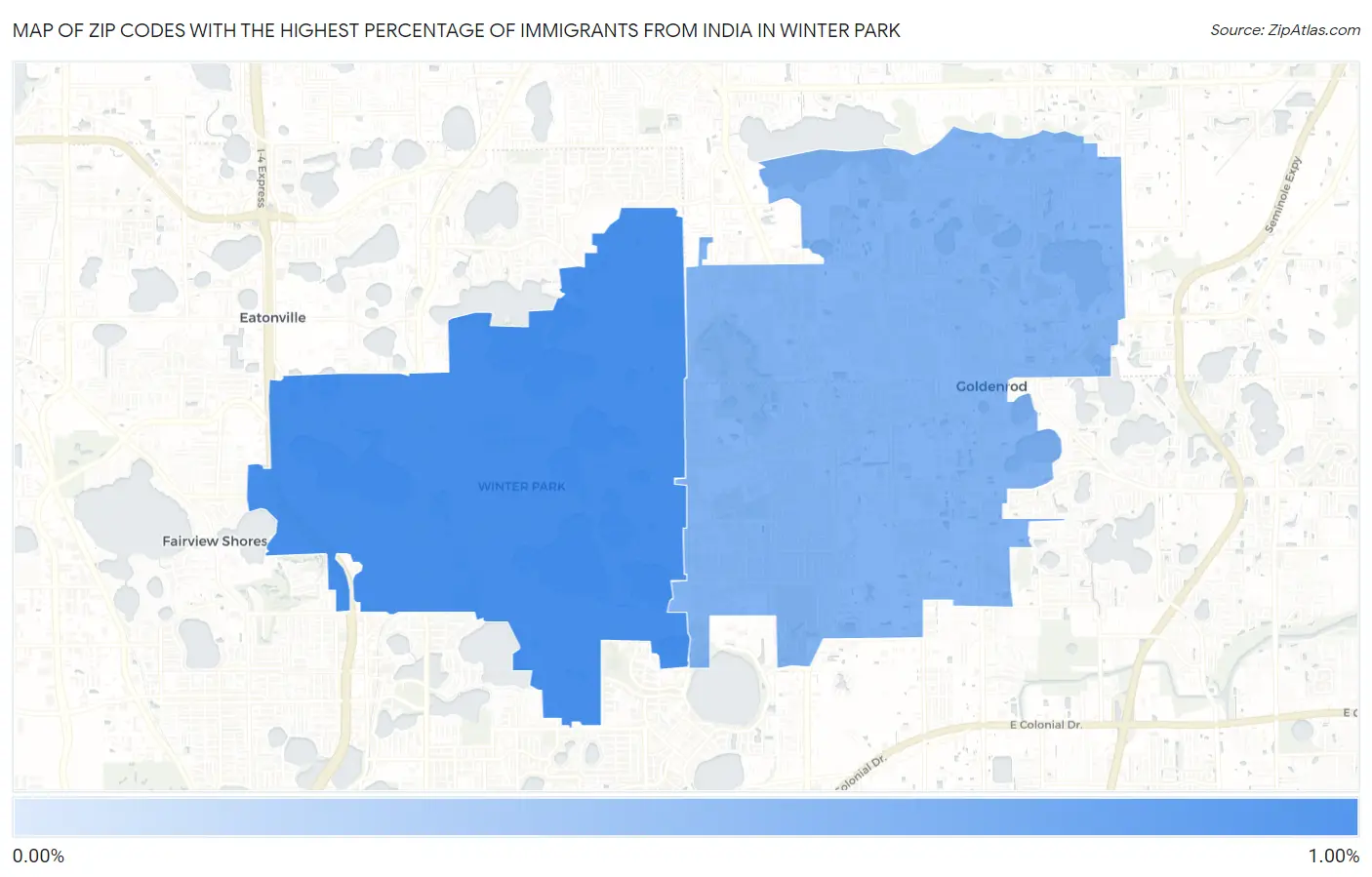 Zip Codes with the Highest Percentage of Immigrants from India in Winter Park Map
