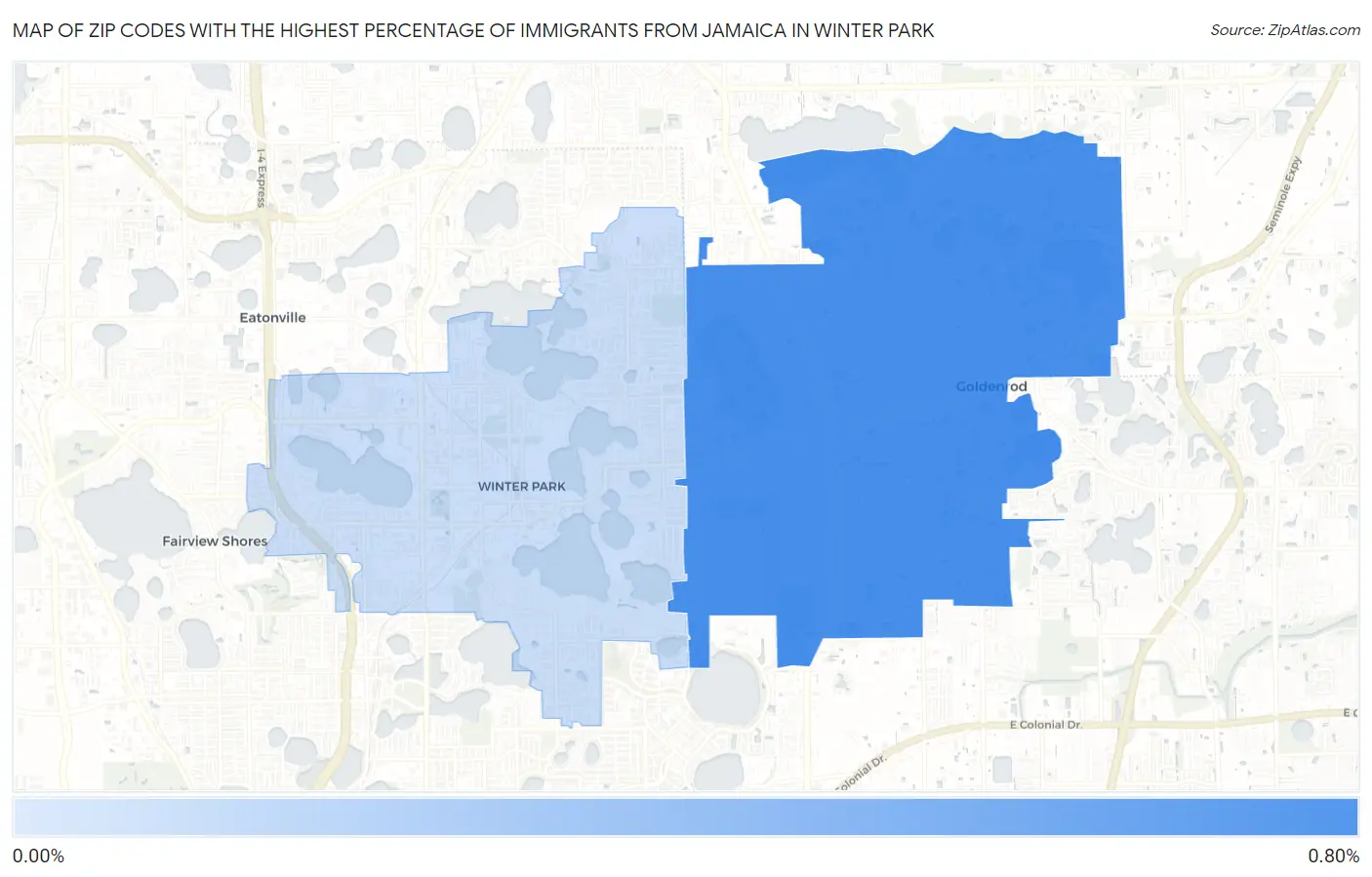 Zip Codes with the Highest Percentage of Immigrants from Jamaica in Winter Park Map