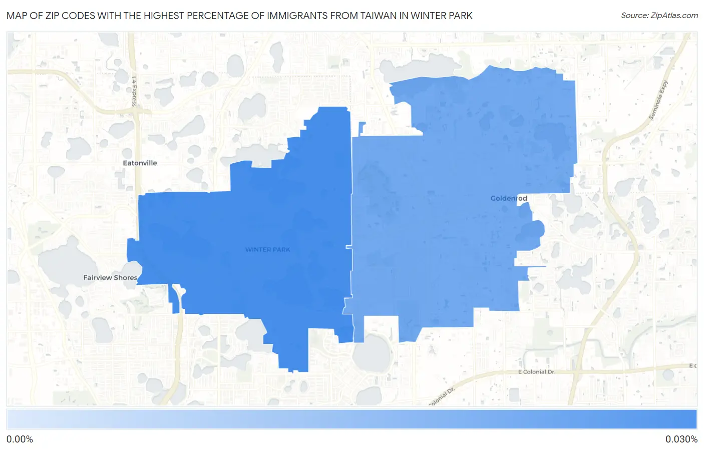 Zip Codes with the Highest Percentage of Immigrants from Taiwan in Winter Park Map